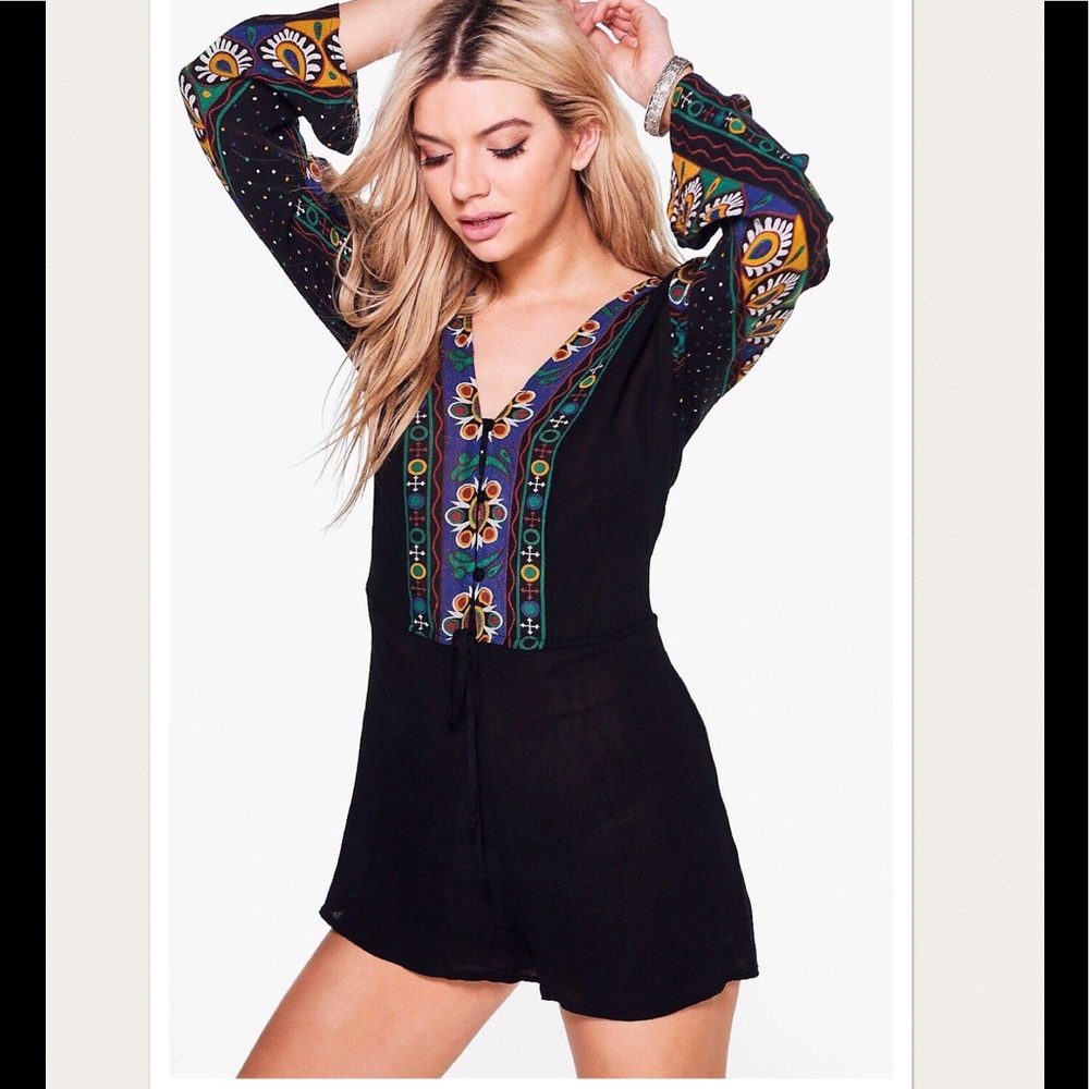 ASOS Black Embroidered V-Neck Romper with Multicolor Sleeve Detail